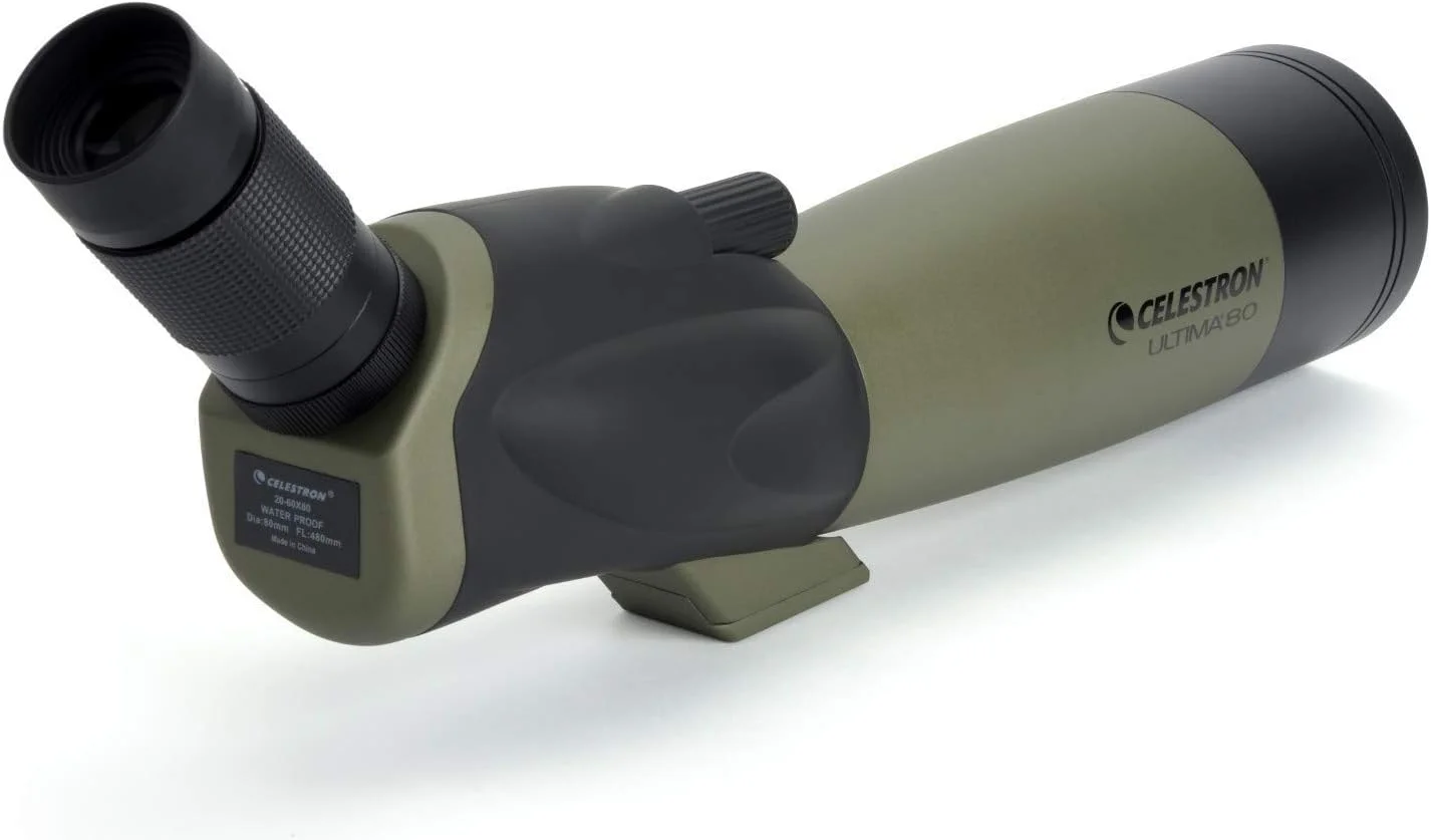 تلسکوپ زاویه دار شکستی سلسترون مدل Ultima 52250 با بزرگنمایی 20-60x80 میلیمتر، اپتیک چند لایه، بدنه لاستیکی ضد آب و کیف حمل نرم، رنگ سبز تلسکوپ زاویه دار شکستی سلسترون مدل Ultima 52250 با بزرگنمایی 20-60x80 میلیمتر، اپتیک چند لایه، بدنه لاستیکی ضد آب و کیف حمل نرم، رنگ سبز