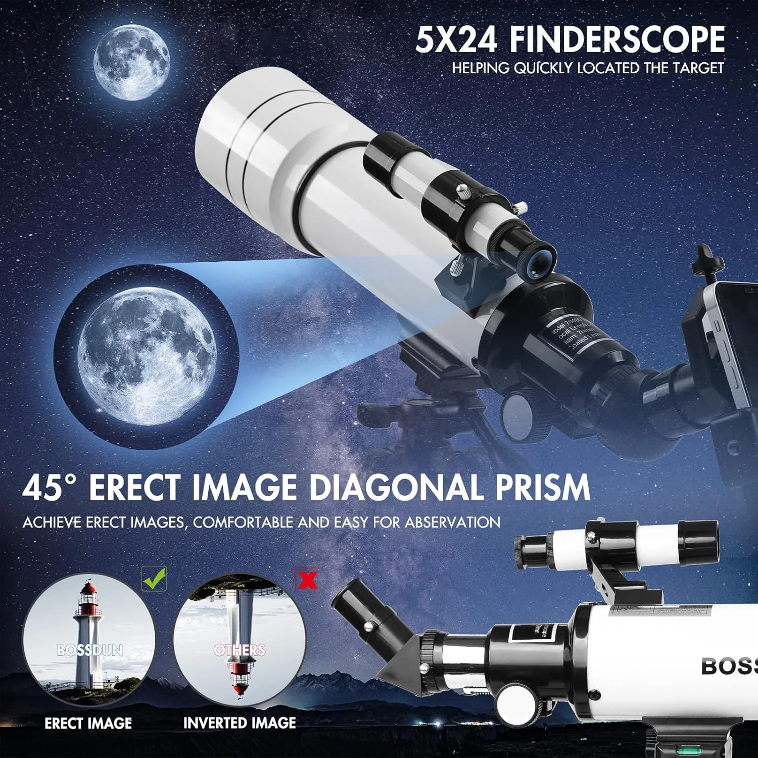 تلسکوپ نجومی برای بزرگسالان، قدرت بالا، دهانه ۷۰ میلی‌متری ۴۰۰ میلی‌متر، تلسکوپ‌های شکستنی حرفه‌ای برای کودکان و مبتدیان (سفید)
