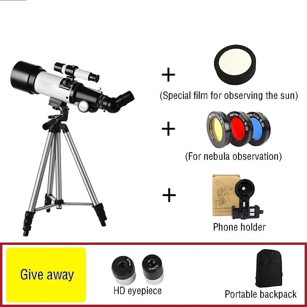 تلسکوپ نجومی برای کودکان، بزرگسالان و مبتدیان، تلسکوپ انکساری، تلسکوپ مسافرتی قابل حمل با پایه قابل تنظیم و نگهدارنده تلفن هوشمند، دارای کیف حمل