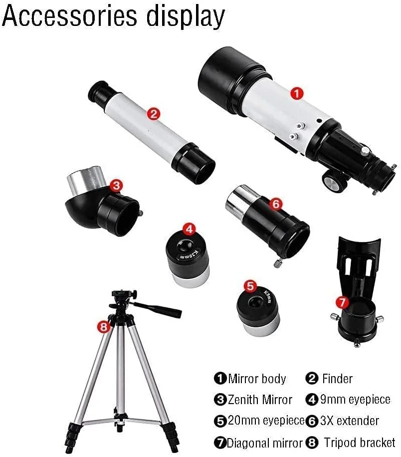 تلسکوپ نجومی برای کودکان، بزرگسالان و مبتدیان، تلسکوپ انکساری، تلسکوپ مسافرتی قابل حمل با پایه قابل تنظیم و نگهدارنده تلفن هوشمند، دارای کیف حمل