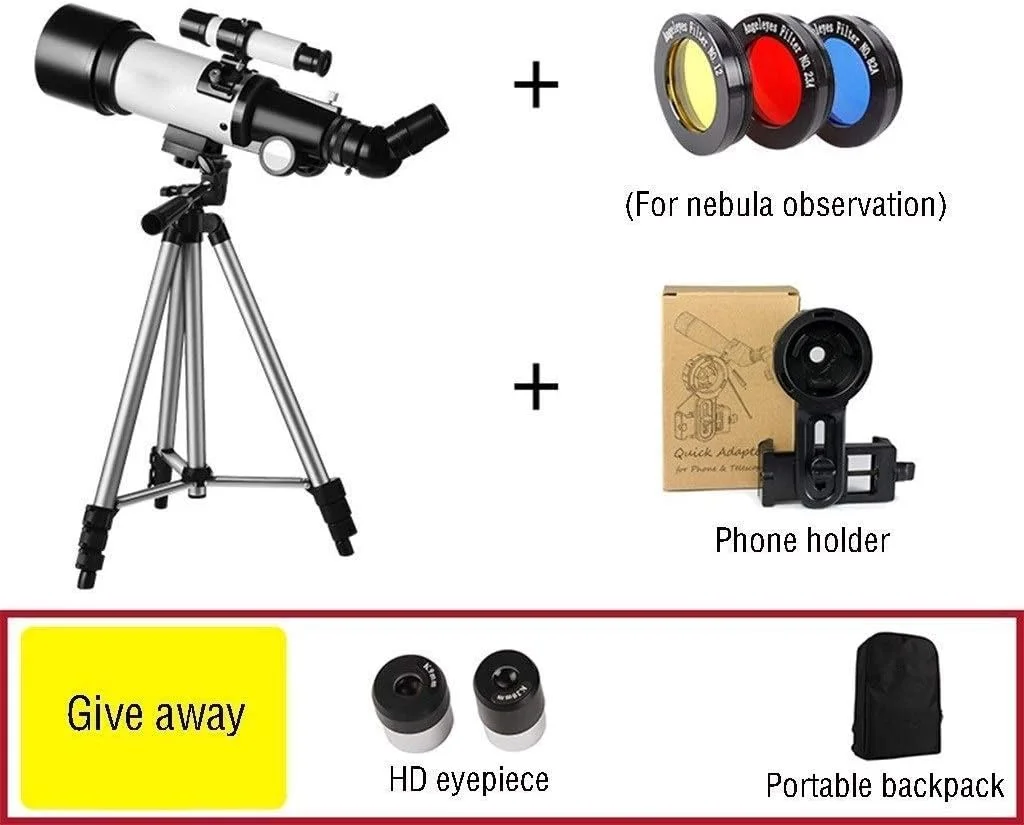تلسکوپ نجومی برای کودکان، بزرگسالان و مبتدیان، تلسکوپ شکستی، تلسکوپ مسافرتی قابل حمل با پایه قابل تنظیم و نگهدارنده تلفن هوشمند، کیف حمل