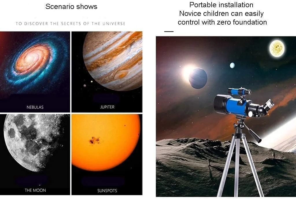 تلسکوپ نجومی فضای باز، دهانه 70 میلی‌متری، تلسکوپ شکستنی نجومی با پایه AZ 400 میلی‌متری، تلسکوپ مسافرتی کودکان، تلسکوپ برای بزرگسالان مبتدی نجوم