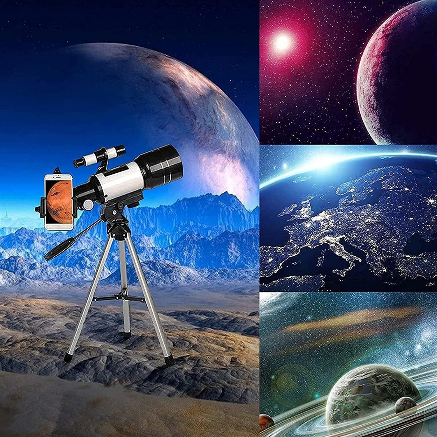 تلسکوپ نجومی مبتدی، تلسکوپ شکستنی 70 میلی‌متری با دهانه 300 میلی‌متری برای نجوم، تلسکوپ مسافرتی قابل حمل با پایه برای کودکان و بزرگسالان