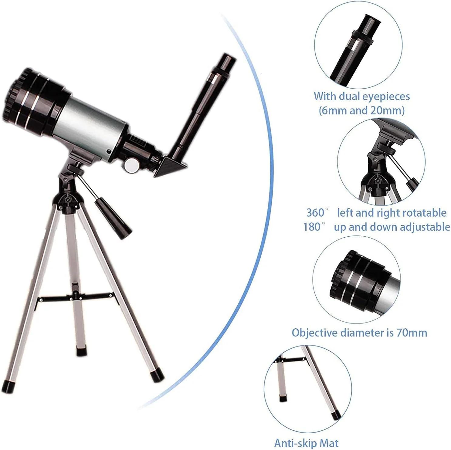 تلسکوپ فضایی نجومی، تلسکوپ شکستی HD 70 میلیمتری با پایه سبک و 2 چشمی انتخابی، فیلتر ماه برای کودکان و مبتدیان تلسکوپ فضایی نجومی، تلسکوپ شکستی HD 70 میلیمتری با پایه سبک و 2 چشمی انتخابی، فیلتر ماه برای کودکان و مبتدیان