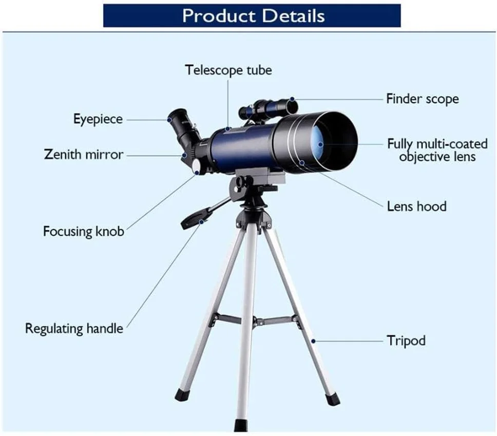 تلسکوپ نجومی 70 میلی‌متری شکستنی برای تماشای ماه، مناسب مبتدیان نجوم، لنزهای 16X و 67X به همراه یابنده، مناسب کودکان و بزرگسالان