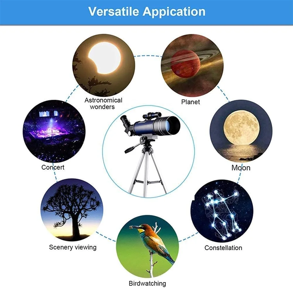 تلسکوپ نجومی 70 میلی‌متری شکستنی برای تماشای ماه، مناسب مبتدیان نجوم، لنزهای 16X و 67X به همراه یابنده، مناسب کودکان و بزرگسالان