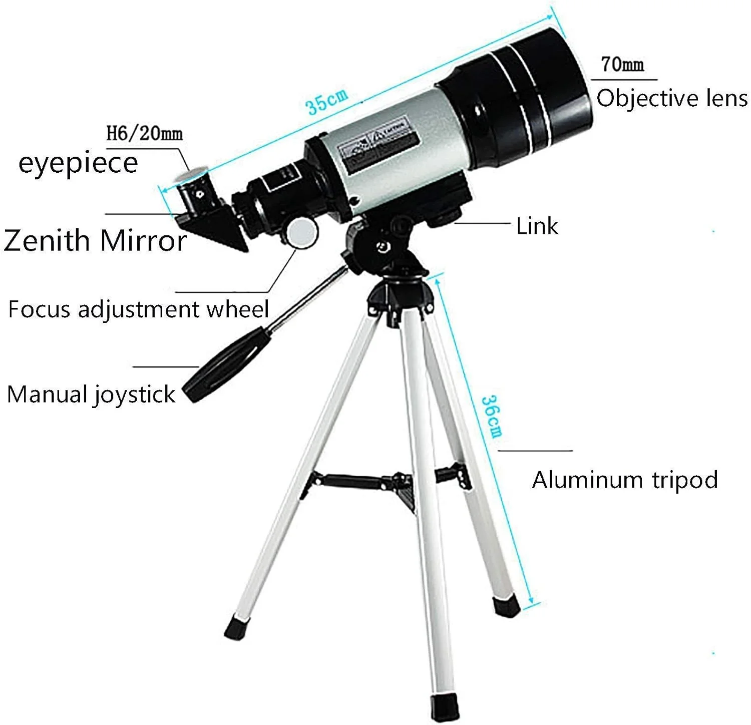 تلسکوپ نجومی، تلسکوپ بازتابی حرفه ای، تلسکوپ انکساری قابل حمل 70 میلی متری برای مبتدیان و کودکان، چشمی K20/k6