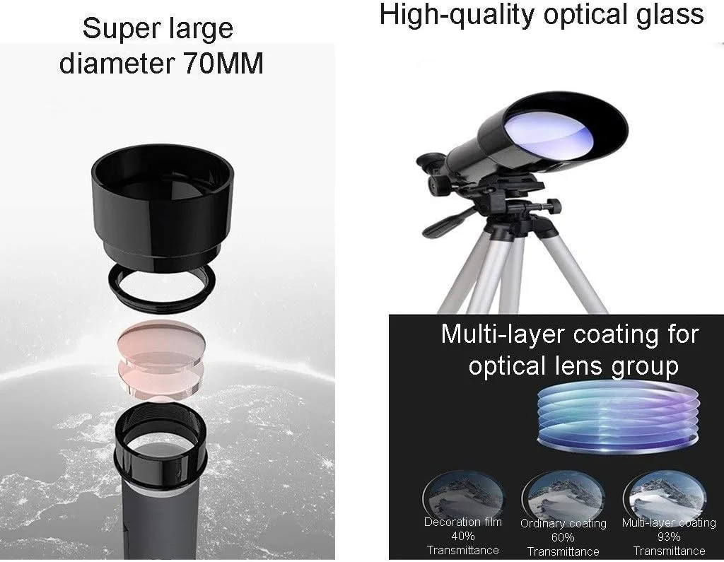 تلسکوپ نجومی سطح مبتدی، تلسکوپ برای مبتدیان نجوم، تلسکوپ کودکان، تلسکوپ شکستنی دهانه 70 میلی‌متری با پایه 400 میلی‌متری