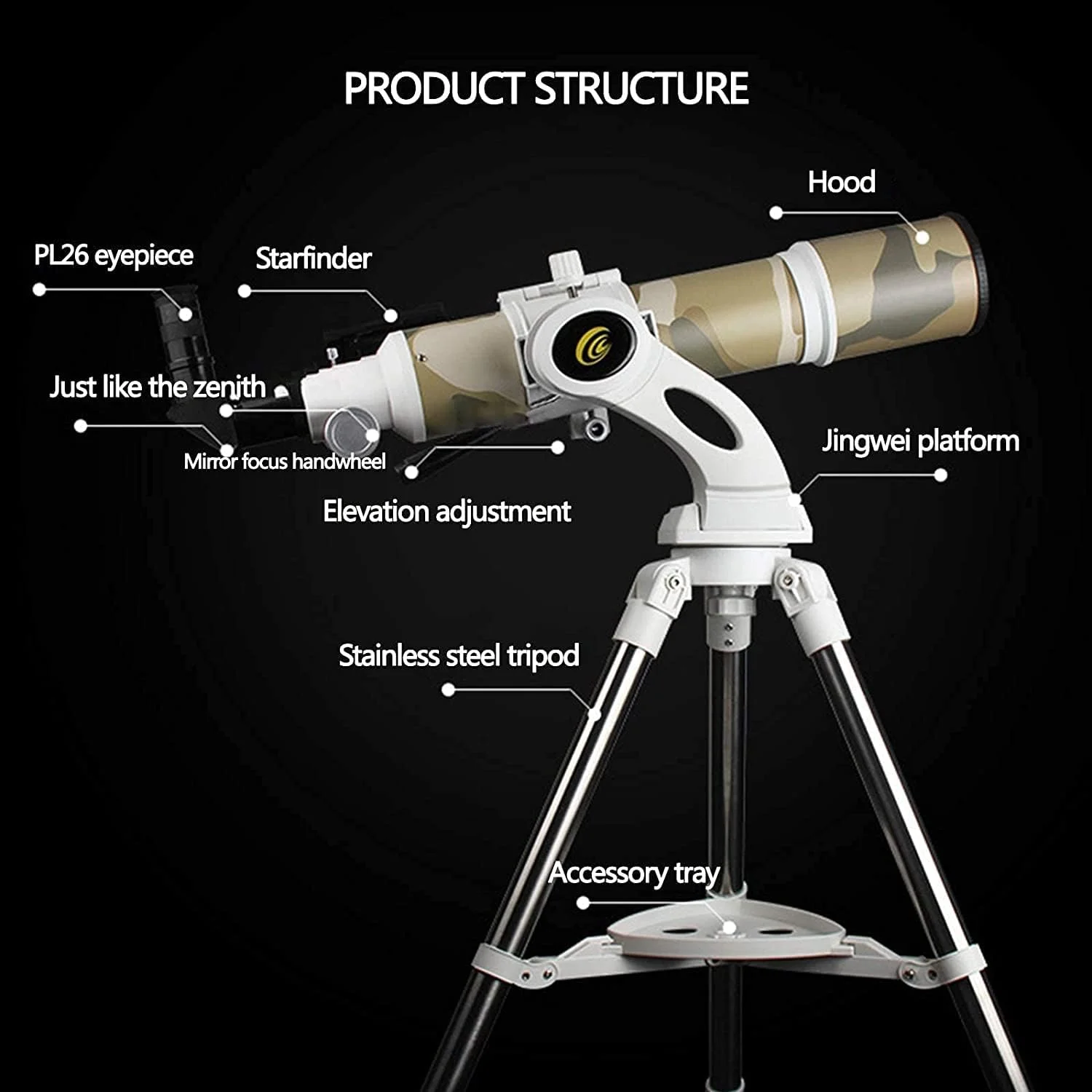تلسکوپ نجومی، تلسکوپ حرفه ای 640/80 میلی متری، شکست نور رومیزی جینگوی، با پایه + منظره یاب الکترونیکی + آداپتور تلفن هوشمند