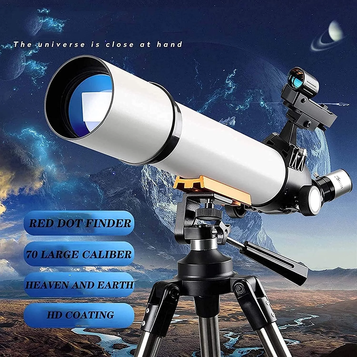 تلسکوپ با دیافراگم 70 میلی‌متری برای بزرگسالان، تلسکوپ شکستی، تلسکوپ مسافرتی با کیف حمل، آداپتور تلفن و کنترل از راه دور بی‌سیم