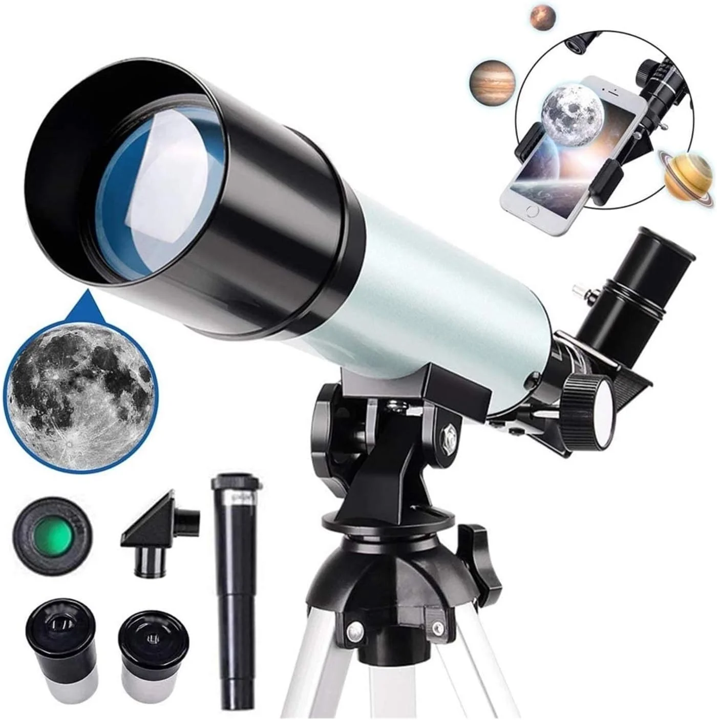 تلسکوپ نجومی 50 میلی‌متری برای مبتدیان، بزرگسالان و کودکان، تلسکوپ انکساری با فاصله کانونی 360 میلی‌متر، آداپتور تلفن هوشمند جمع و جور و قابل حمل، تماشای ماه، دو برابر راحتی
