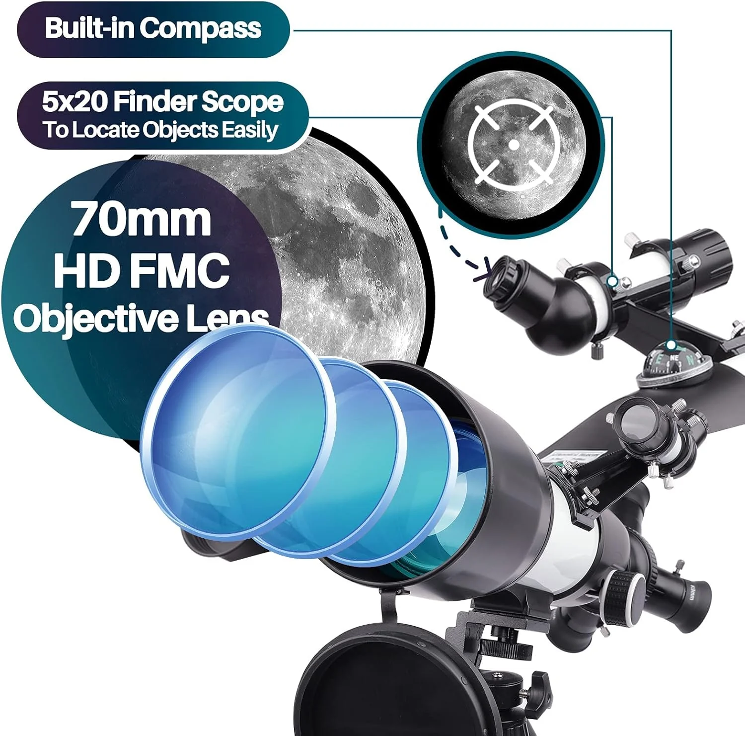 تلسکوپ نجومی 70 میلیمتری با سهپایه، هدیهای قابل حمل برای کودکان و بزرگسالان تلسکوپ نجومی 70 میلیمتری با سهپایه، هدیهای قابل حمل برای کودکان و بزرگسالان