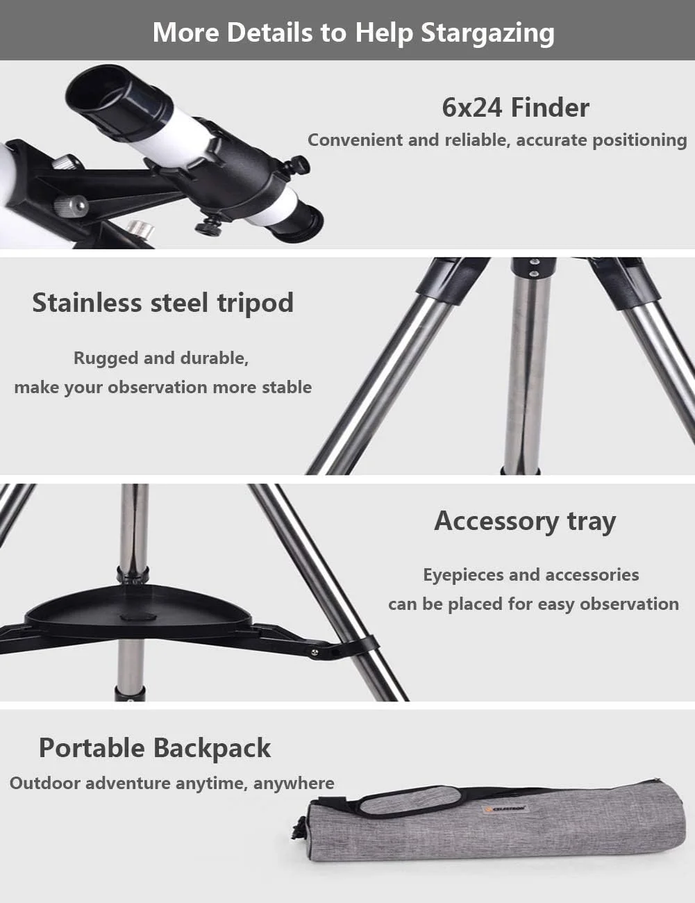تلسکوپ نجومی برای مبتدیان - تلسکوپ نجومی 20X / 30X / 40X با سه پایه قابل تنظیم 60 میلی متری HD شکستی برای آموزش علوم اولیه، دو برابر راحتی