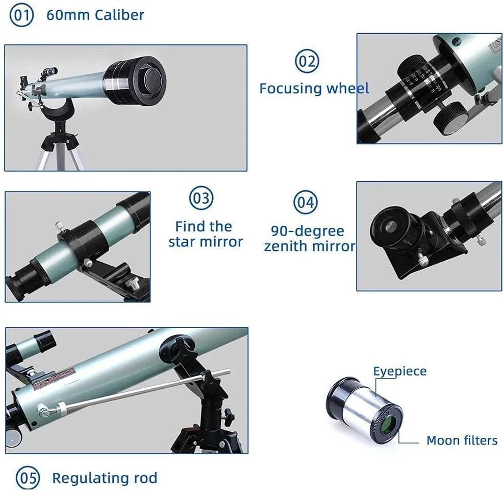 تلسکوپ نجومی قابل حمل، تلسکوپ انکساری برای کودکان و مبتدیان نجوم با پایه سبک، نگهدارنده تلفن و کیف حمل، ایده آل برای هدایای آموزشی