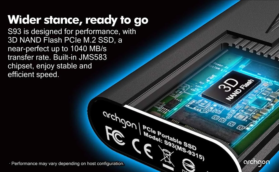 درایو حالت جامد اکسترنال آلومینیومی قابل حمل آرچگون USB 3.2 M.2 Gen3x4 NVMe | دارای هیت سینک دو لایه داخلی | حداکثر سرعت تا 1040 مگابایت بر ثانیه | شامل کیف محافظ مدل S93-نقره ای (1 ترابایت، نقره ای)