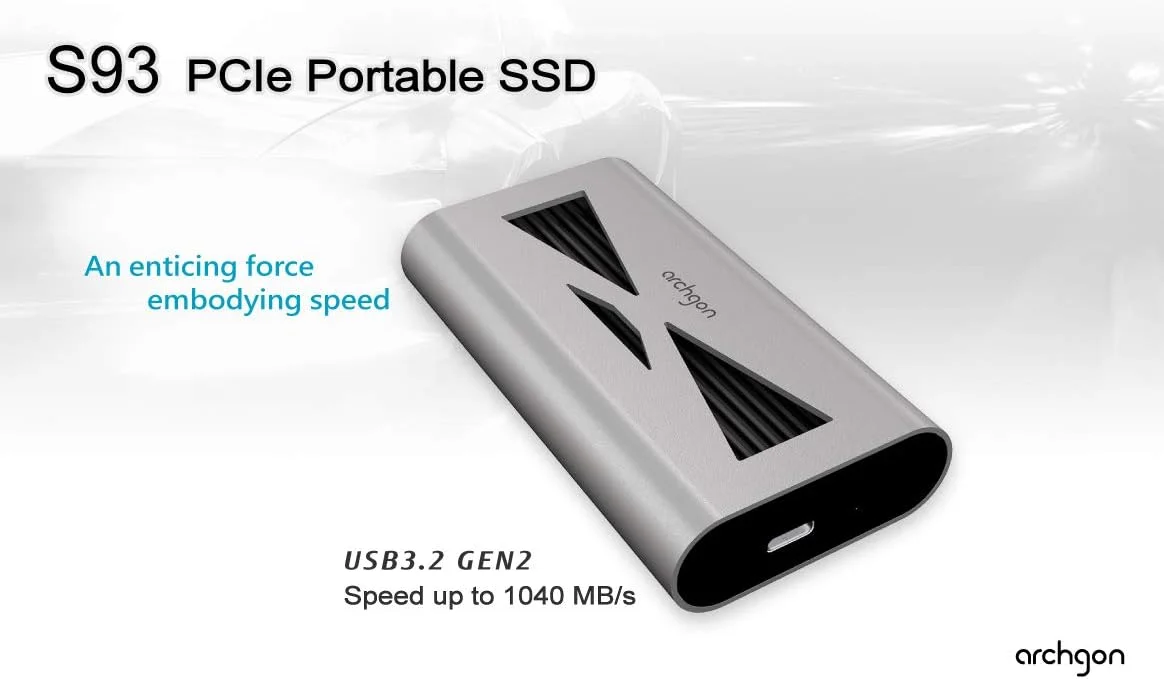 درایو حالت جامد اکسترنال آلومینیومی قابل حمل آرچگون USB 3.2 M.2 Gen3x4 NVMe | دارای هیت سینک دو لایه داخلی | حداکثر سرعت تا 1040 مگابایت بر ثانیه | شامل کیف محافظ مدل S93-نقره ای (1 ترابایت، نقره ای)