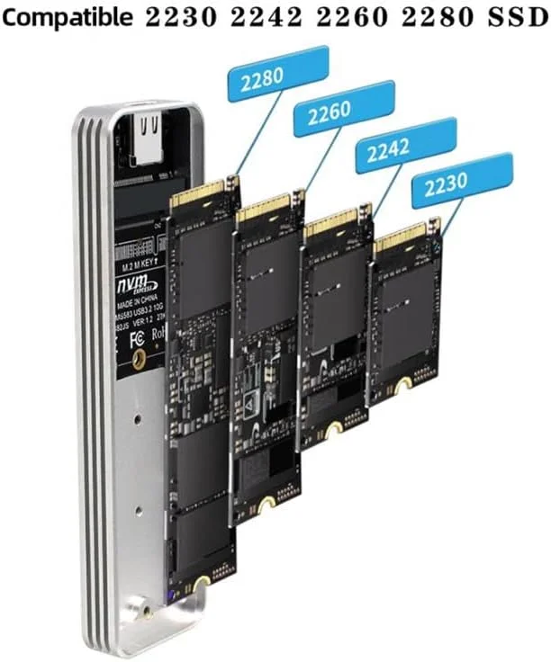 محفظه اکسترنال درایو حالت جامد آلومینیومی M.2 NVMe 10Gbps Type-C & Type-A USB3.2 Gen2 SSD برای 2280/2260/2242/2230