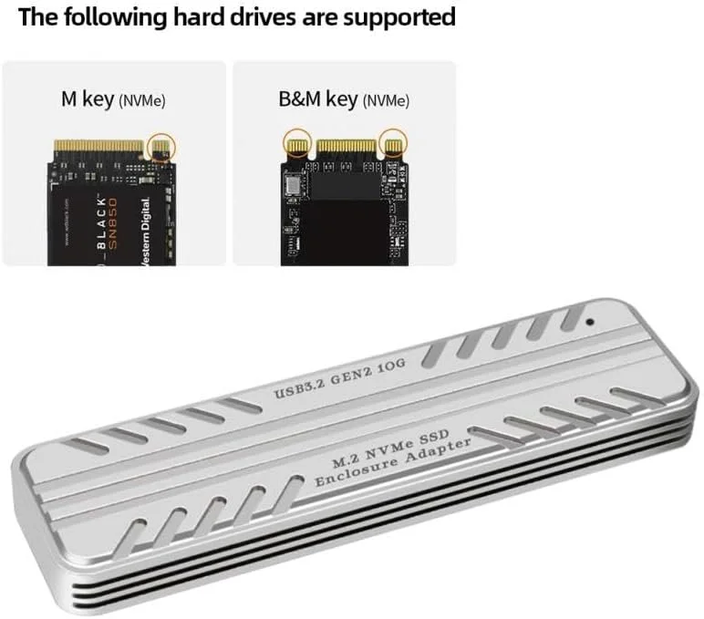 محفظه اکسترنال درایو حالت جامد آلومینیومی M.2 NVMe 10Gbps Type-C & Type-A USB3.2 Gen2 SSD برای 2280/2260/2242/2230