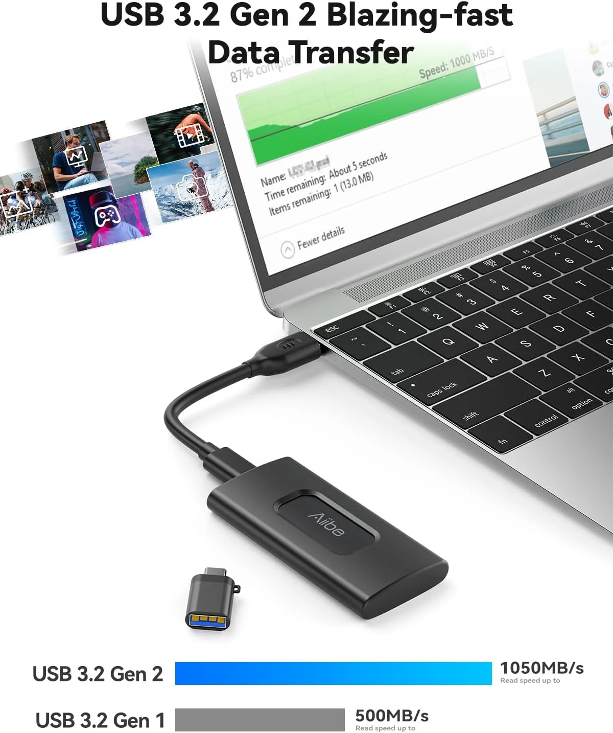 درایو حالت جامد اکسترنال 1 ترابایتی Aiibe، USB C قابل حمل SSD USB 3.2 Gen 2، تا 1050 مگابایت بر ثانیه، هارد اکسترنال SSD اکسترنال 1 ترابایتی برای آیفون 15/پرو، لپ تاپ، مک و PS4 (مشکی)