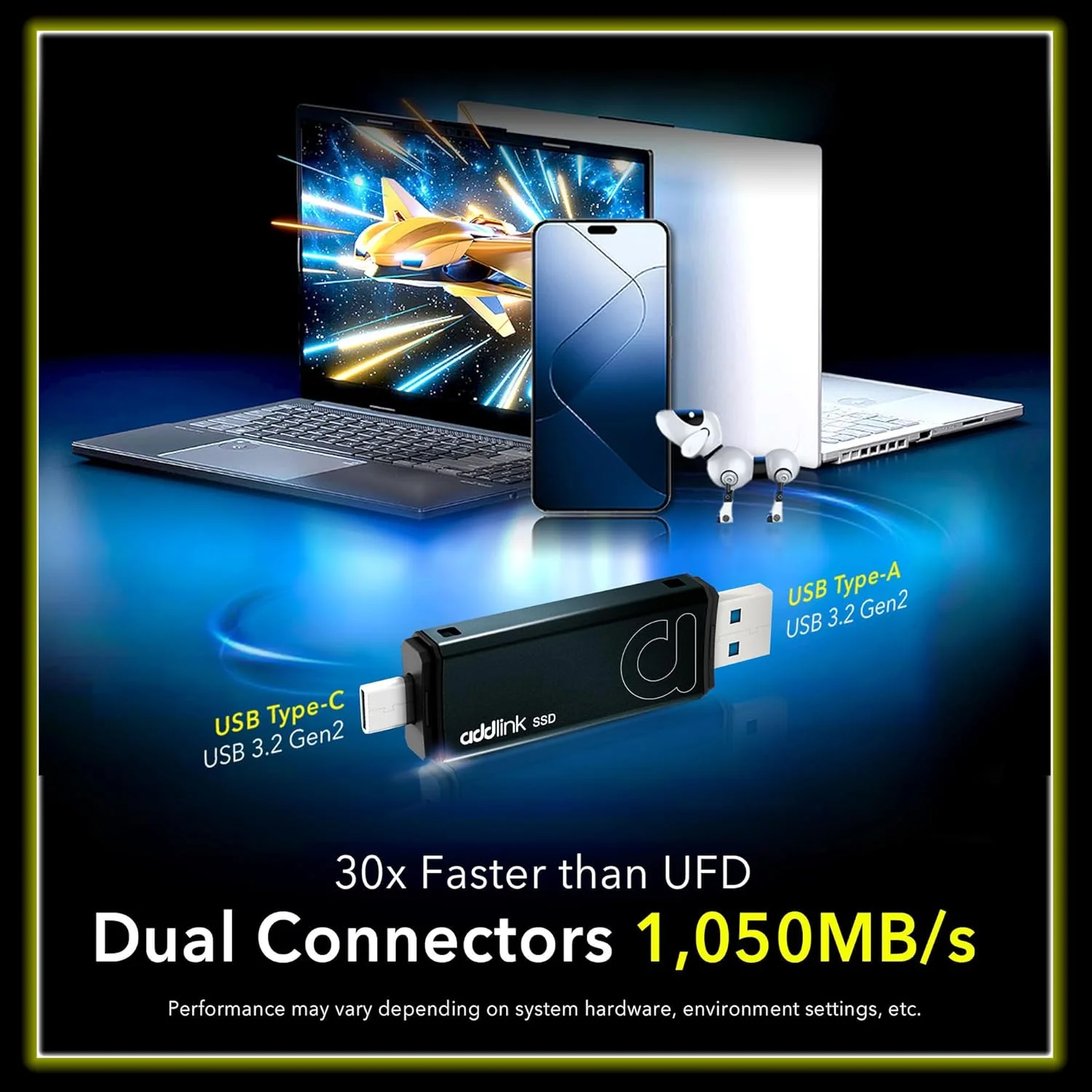 حافظه اس اس دی اکسترنال 1 ترابایتی Addlink P50 USB C، سرعت تا 1050 مگابایت بر ثانیه، USB 3.2 Gen2 Type-C + USB A، سازگار با آیفون 15، 16، 17/ مک/ آیپد/ گوشی اندروید/ لپ تاپ/ PS5/ مناسب برای تولیدکنندگان محتوا/ لپ تاپ هوش مصنوعی/ کامپیوتر گیمینگ