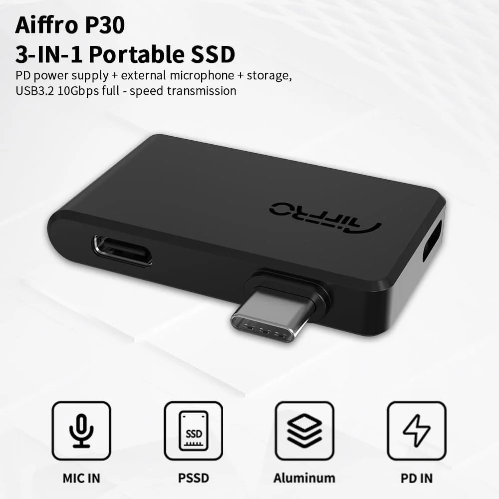 حافظه اس اس دی اکسترنال قابل حمل آیفرو P30، 3 در 1، سازگار با ProRes، پورت میکروفون Type-C، رابط PD، سرعت 1000 مگابایت بر ثانیه - طراحی شده برای متخصصان (2 ترابایت)