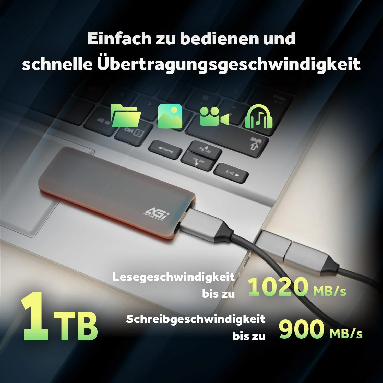 AGI 1TB ED198 M.2 PCIe SSD اکسترنال، کابل USB3.1 Gen2 Type-C به Type-C/Type-A، بدنه آلومینیومی. (سرعت خواندن/نوشتن تا 1024/939 مگابایت بر ثانیه) حافظه قابل حمل با سرعت انتقال فوق العاده