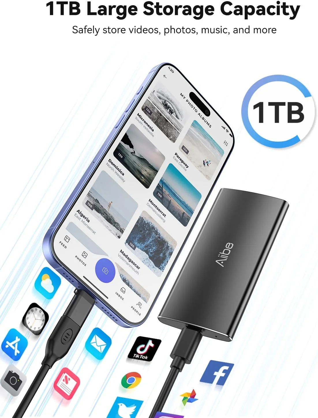 درایو حالت جامد اکسترنال 1 ترابایتی Aiibe، USB C قابل حمل SSD USB 3.2 Gen 2، تا 1050 مگابایت بر ثانیه، هارد اکسترنال SSD اکسترنال 1 ترابایتی برای آیفون 15/پرو، لپ تاپ، مک و PS4 (مشکی)