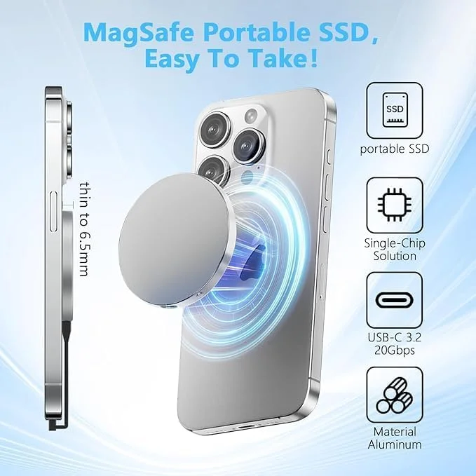 درایو حالت جامد اکسترنال مغناطیسی قابل حمل Aiffro P10 با ظرفیت 1 ترابایت، سازگار با MagSafe آیفون، سرعت انتقال داده تا 2000 مگابایت بر ثانیه از طریق Type-C، SM2320، USB 3.2 Gen 2x2 20Gbps، اتصال پایدار، فریمور آپدیت شده - راهکار ذخیره سازی مغناطیسی قابل حمل