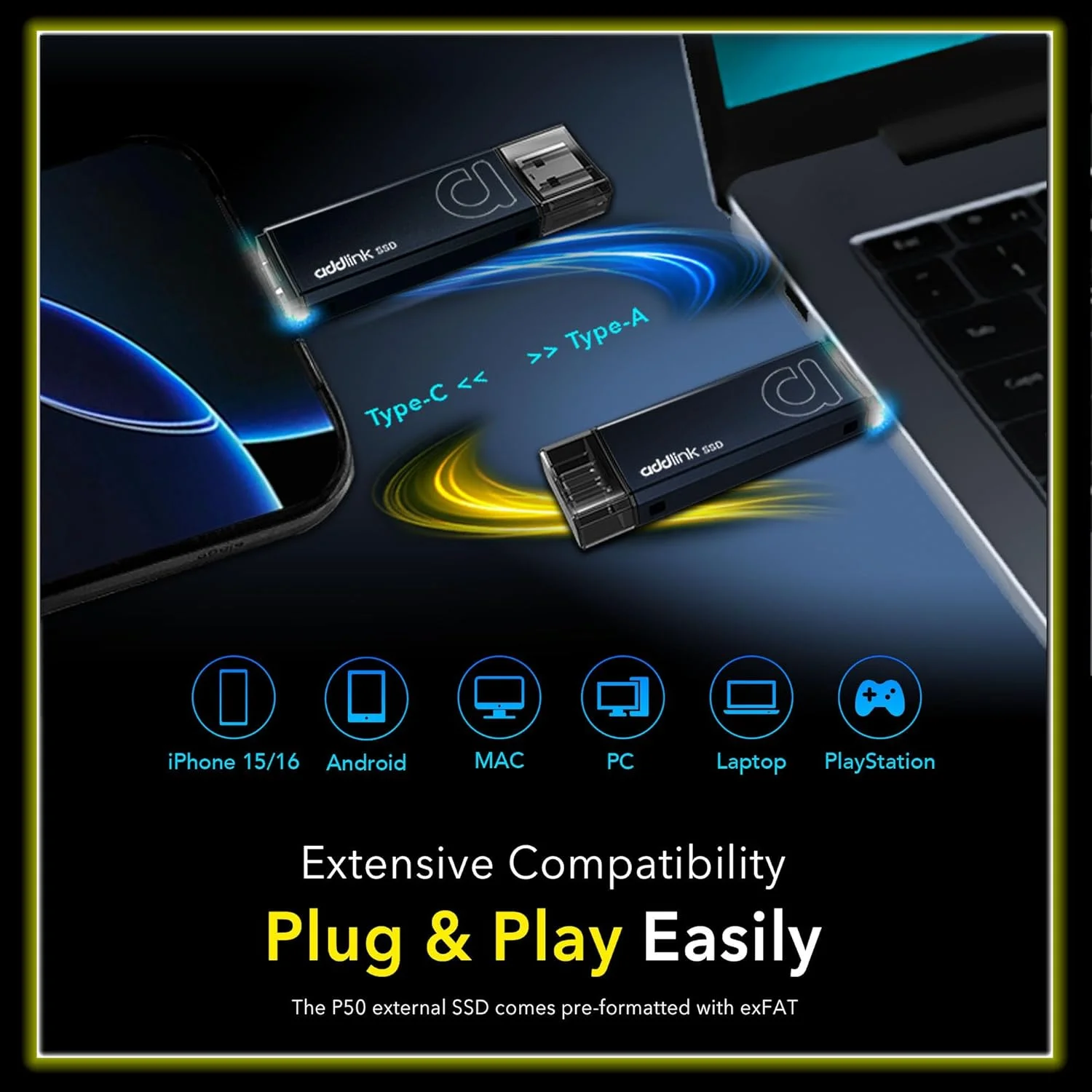 حافظه اس اس دی اکسترنال 1 ترابایتی Addlink P50 USB C، سرعت تا 1050 مگابایت بر ثانیه، USB 3.2 Gen2 Type-C + USB A، سازگار با آیفون 15، 16، 17/ مک/ آیپد/ گوشی اندروید/ لپ تاپ/ PS5/ مناسب برای تولیدکنندگان محتوا/ لپ تاپ هوش مصنوعی/ کامپیوتر گیمینگ