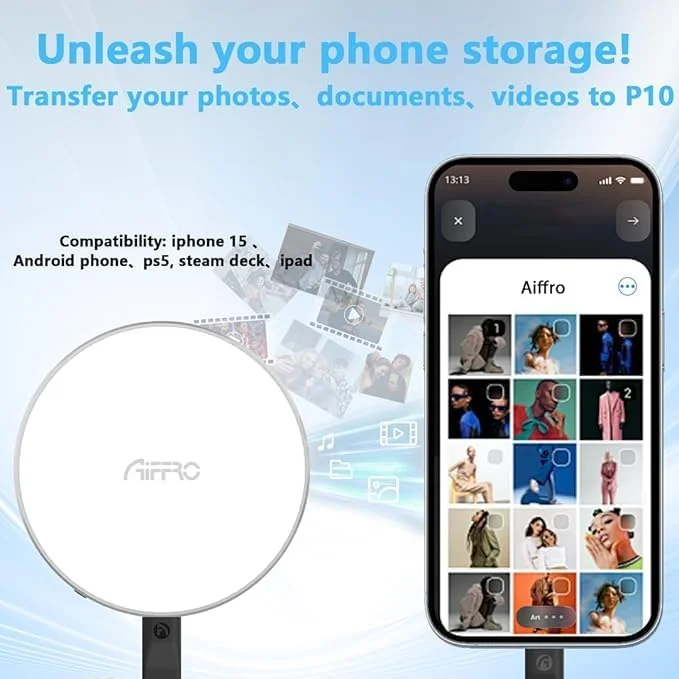 درایو حالت جامد اکسترنال مغناطیسی قابل حمل Aiffro P10 با ظرفیت 1 ترابایت، سازگار با MagSafe آیفون، سرعت انتقال داده تا 2000 مگابایت بر ثانیه از طریق Type-C، SM2320، USB 3.2 Gen 2x2 20Gbps، اتصال پایدار، فریمور آپدیت شده - راهکار ذخیره سازی مغناطیسی قابل حمل