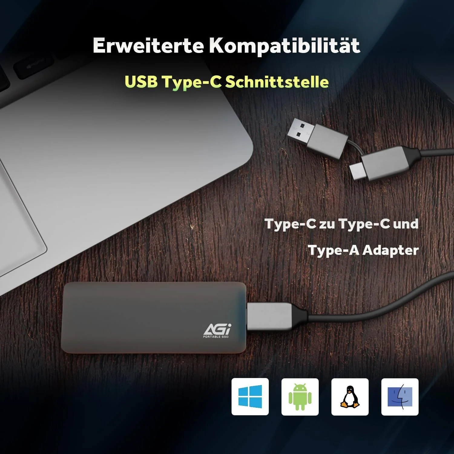 AGI 1TB ED198 M.2 PCIe SSD اکسترنال، کابل USB3.1 Gen2 Type-C به Type-C/Type-A، بدنه آلومینیومی. (سرعت خواندن/نوشتن تا 1024/939 مگابایت بر ثانیه) حافظه قابل حمل با سرعت انتقال فوق العاده