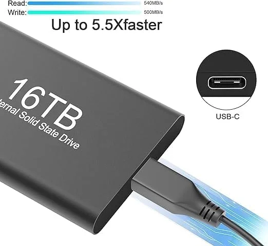 هارد اکسترنال SSD قابل حمل 16 ترابایتی – درایو حالت جامد USB 3.1 با سرعت بالا به همراه کابل USB-C به A – سازگار با رایانه‌های شخصی ویندوزی، لپ‌تاپ‌ها و دستگاه‌های اندرویدی – فضای ذخیره‌سازی بادوام برای پشتیبان‌گیری، بازی و رسانه