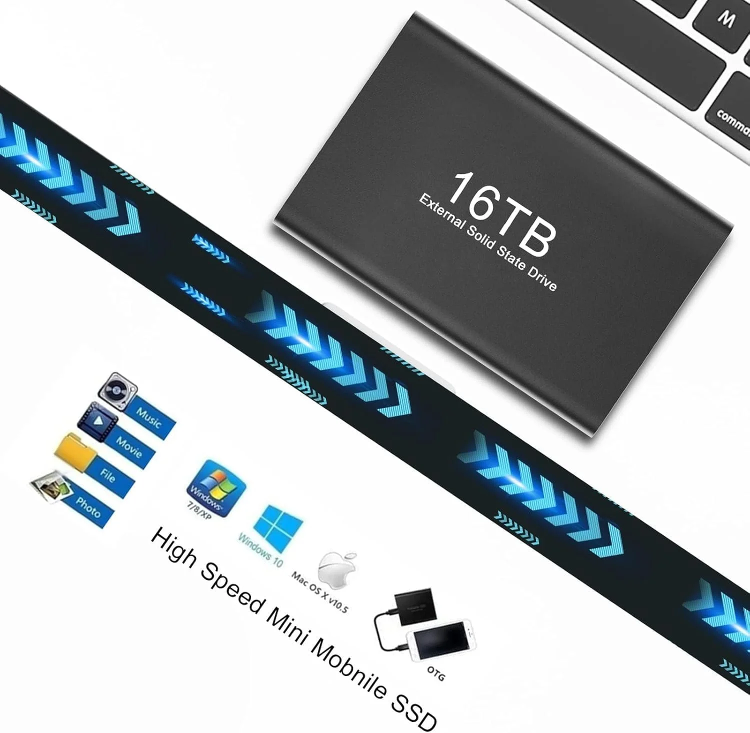هارد اکسترنال اس اس دی قابل حمل 16 ترابایتی – درایو حالت جامد USB 3.1 پرسرعت با کابل USB-C به A – سازگار با کامپیوترها و لپ‌تاپ‌های ویندوزی – فضای ذخیره‌سازی عظیم برای پشتیبان‌گیری و انتقال داده