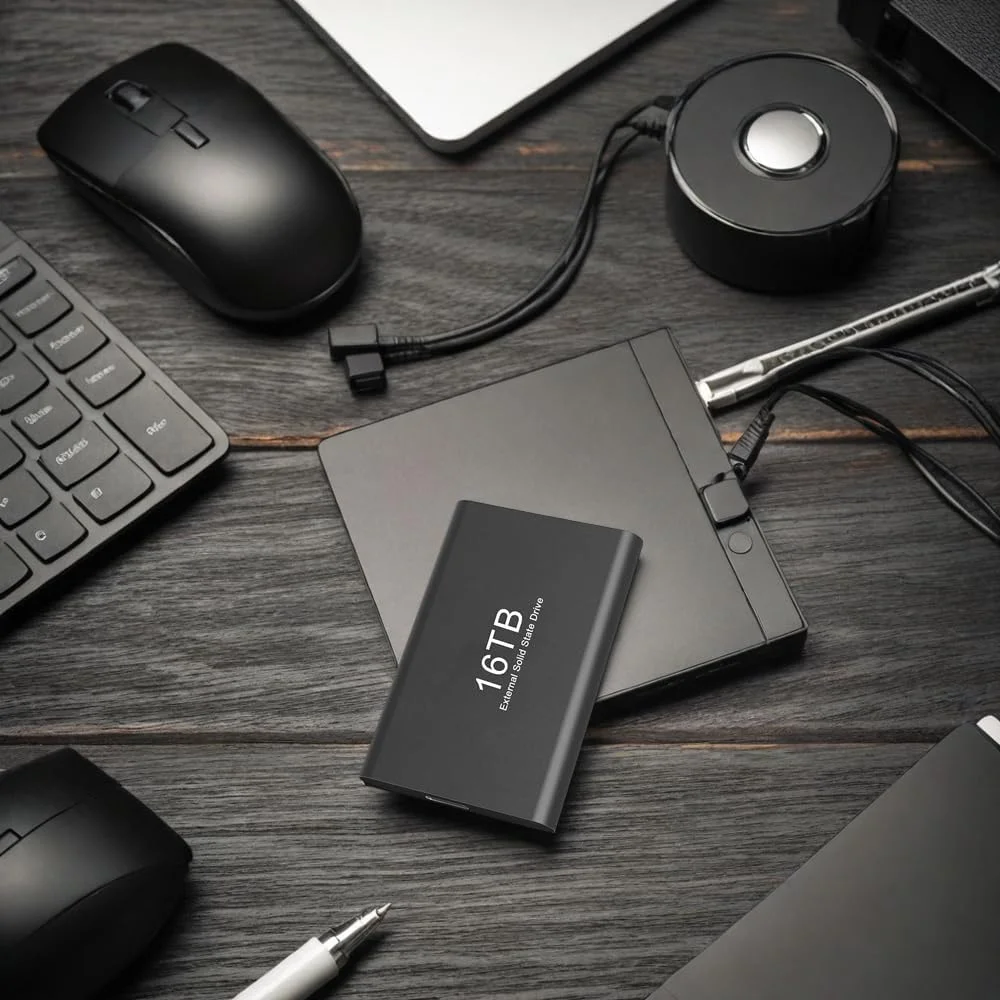 هارد اکسترنال اس اس دی قابل حمل 16 ترابایتی – درایو حالت جامد USB 3.1 پرسرعت با کابل USB-C به A – سازگار با کامپیوترها و لپ‌تاپ‌های ویندوزی – فضای ذخیره‌سازی عظیم برای پشتیبان‌گیری و انتقال داده