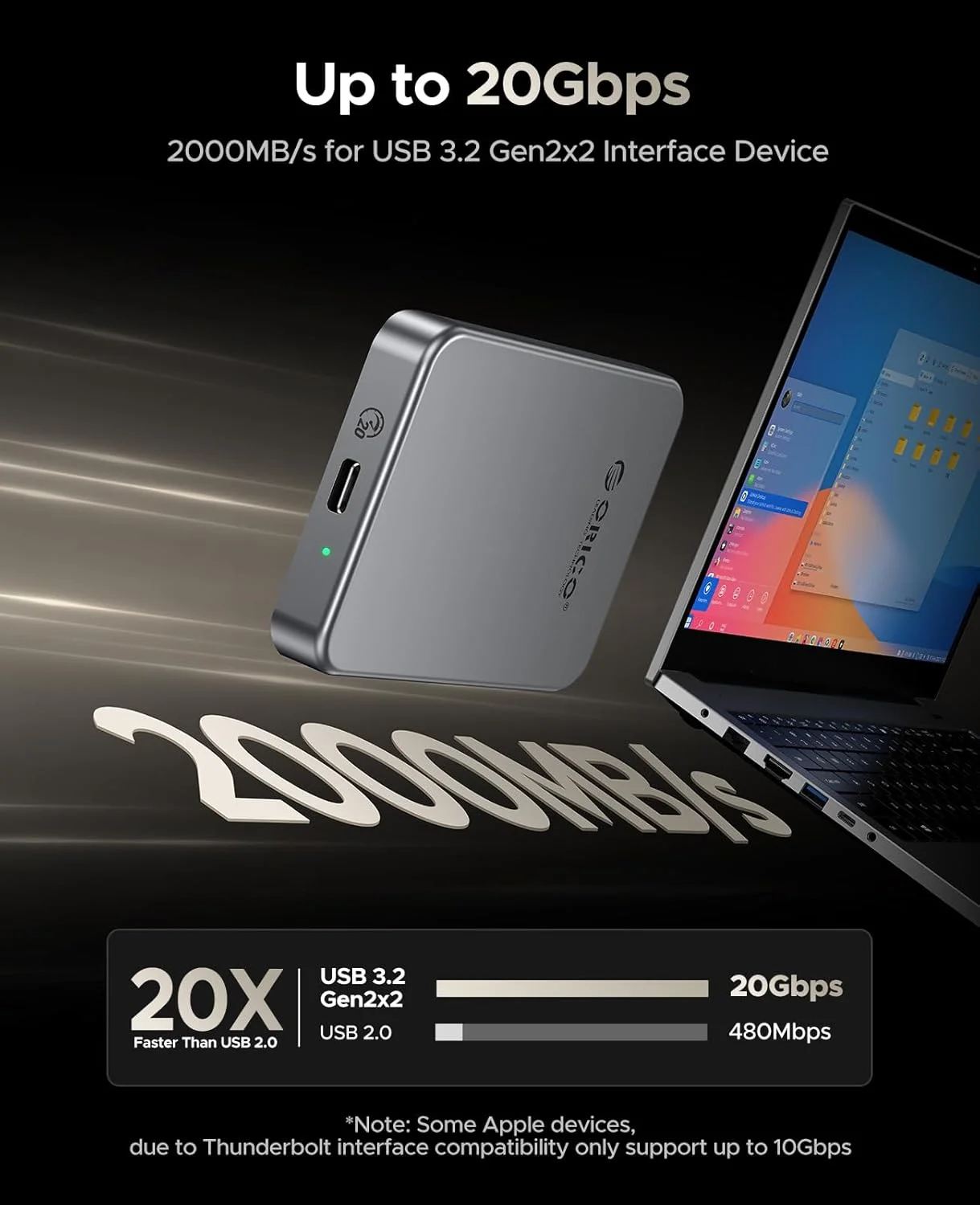 حافظه اس اس دی اکسترنال مغناطیسی 2 ترابایتی ORICO، ضبط و ذخیره سازی 4K ProRes HDR، انتقال پایدار 2000 مگابایت بر ثانیه، درایو حالت جامد قابل حمل، بدنه آلیاژ آلومینیوم، سازگار با تلفن هوشمند، تبلت، کامپیوتر - K20