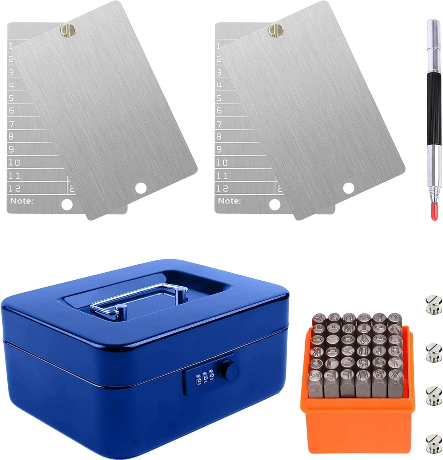 کیف پول استیل ضد زنگ بیت کوین کریپتو با جعبه فلزی آبی رنگ و مهرهای فلزی، قلم حکاکی برای پشتیبان گیری از ارزهای دیجیتال، ذخیره سازی سید سازگار با BIP39 سخت افزار Ledger، Trezor