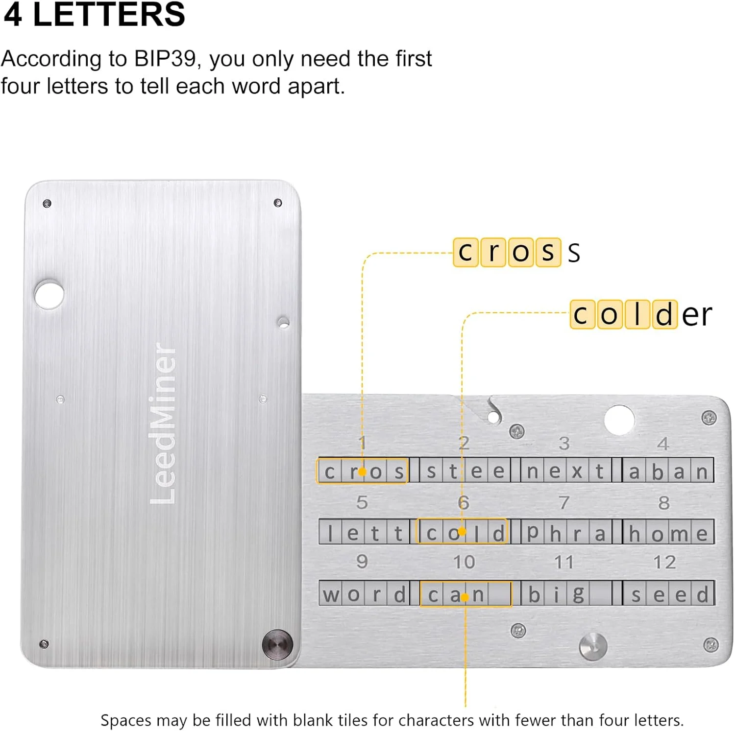 ذخیره عبارات بازیابی، پشتیبان گیری عبارات بازیابی رمزنگاری شده، 4 صفحه ای، 24 کلمه ای، صفحه فلزی عبارات بازیابی بیت کوین، سازگار با کیف پول های سخت افزاری BIP39، لجر، کیپ کی، ترزور