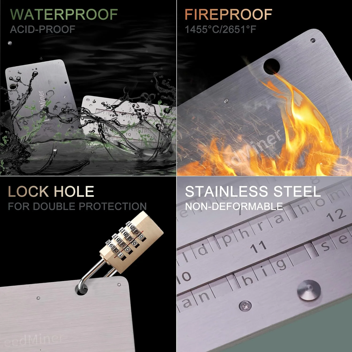 ذخیره عبارات بازیابی، پشتیبان گیری عبارات بازیابی رمزنگاری شده، 4 صفحه ای، 24 کلمه ای، صفحه فلزی عبارات بازیابی بیت کوین، سازگار با کیف پول های سخت افزاری BIP39، لجر، کیپ کی، ترزور