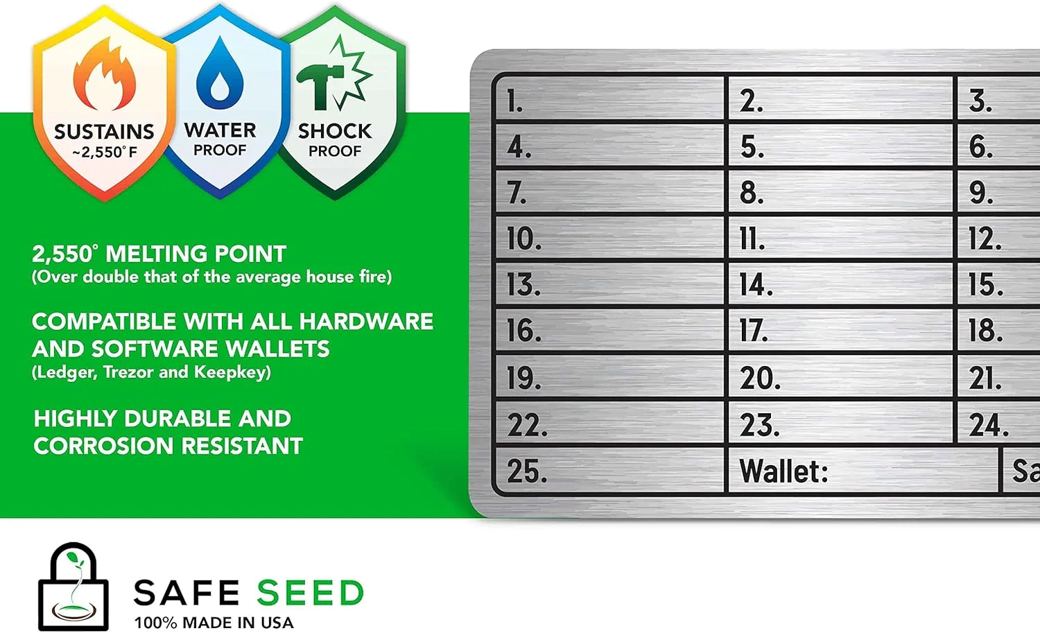 کیف پول فلزی دانه امن، نسخه استیل ضد زنگ، صفحه فلزی ضرب شده برای بازیابی عبارت عبور 12-25 کلمه ای، ذخیره سرد بیت کوین اتریوم ETH، بسته 3 عددی