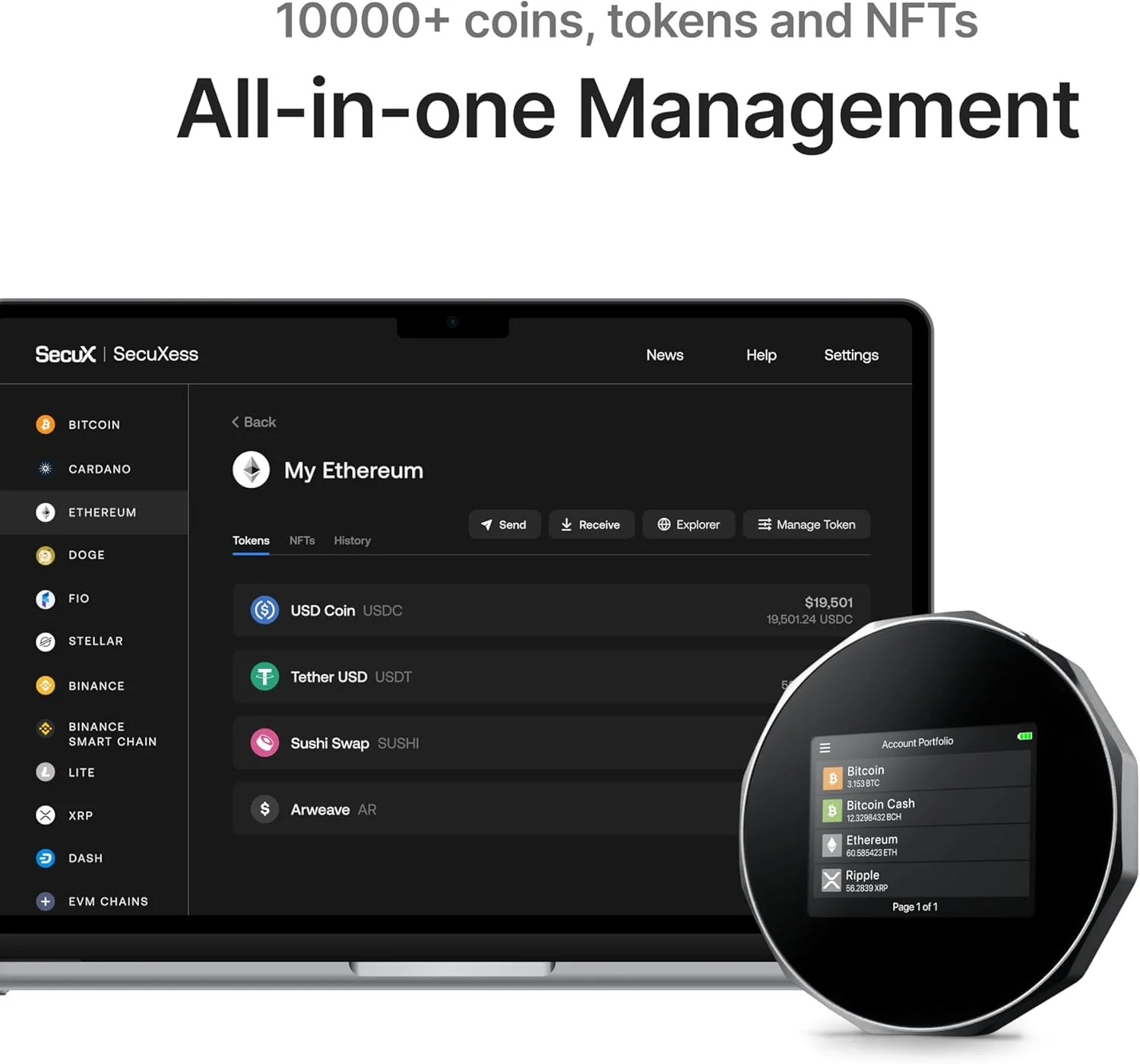 کیف پول سخت افزاری امنیتی SecuX V20 Plus با بلوتوث و پشتیبانی از NFT - پلتفرم متقابل - به راحتی بیت کوین، اتریوم، BTC، ETH، SOL، LTC، Doge، BNB، XLM، ERC20، BSC و موارد دیگر را مدیریت کنید (V20)