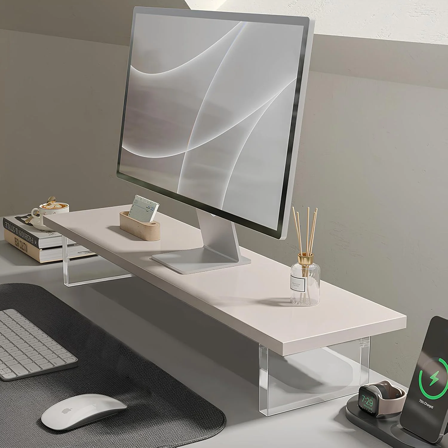 پایه مانیتور سفید رنگ Anspect، پایه چوبی 60 سانتی متری مانیتور برای میز، پایه برای تلویزیون/صفحه نمایش/کامپیوتر/پرینتر/لپ تاپ، پایه کامپیوتر با سازمان دهنده صفحه کلید، قفسه رومیزی، پایه مانیتور (ANMSR60)