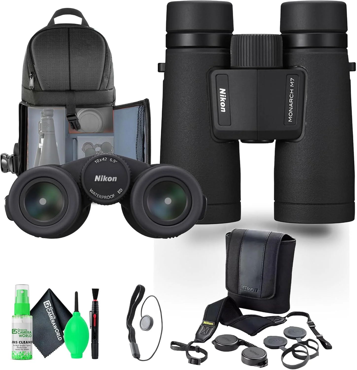 دوربین دوچشمی نیکون 10x42 Monarch M7 ضد آب و ضد مه (16766) + کوله پشتی کمری + کیت تمیز کننده + درپوش لنز
