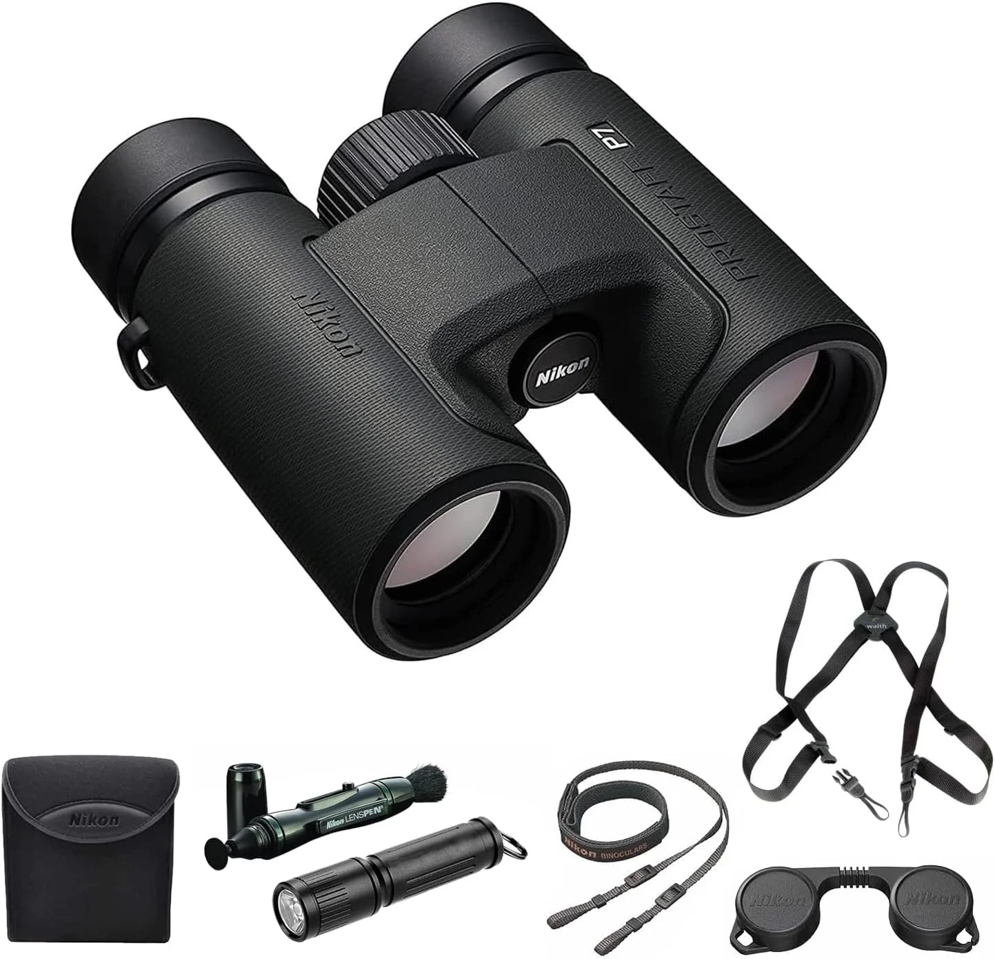 دوربین دوچشمی ضدآب نیکون PROSTAFF P7 8x30 برای بزرگسالان | دوربین دوچشمی مسافرتی کوچک و جمع و جور برای تماشای پرندگان | بند هارنس دوربین دوچشمی، سیستم تمیز کننده قلم لنز و مجموعه چراغ قوه