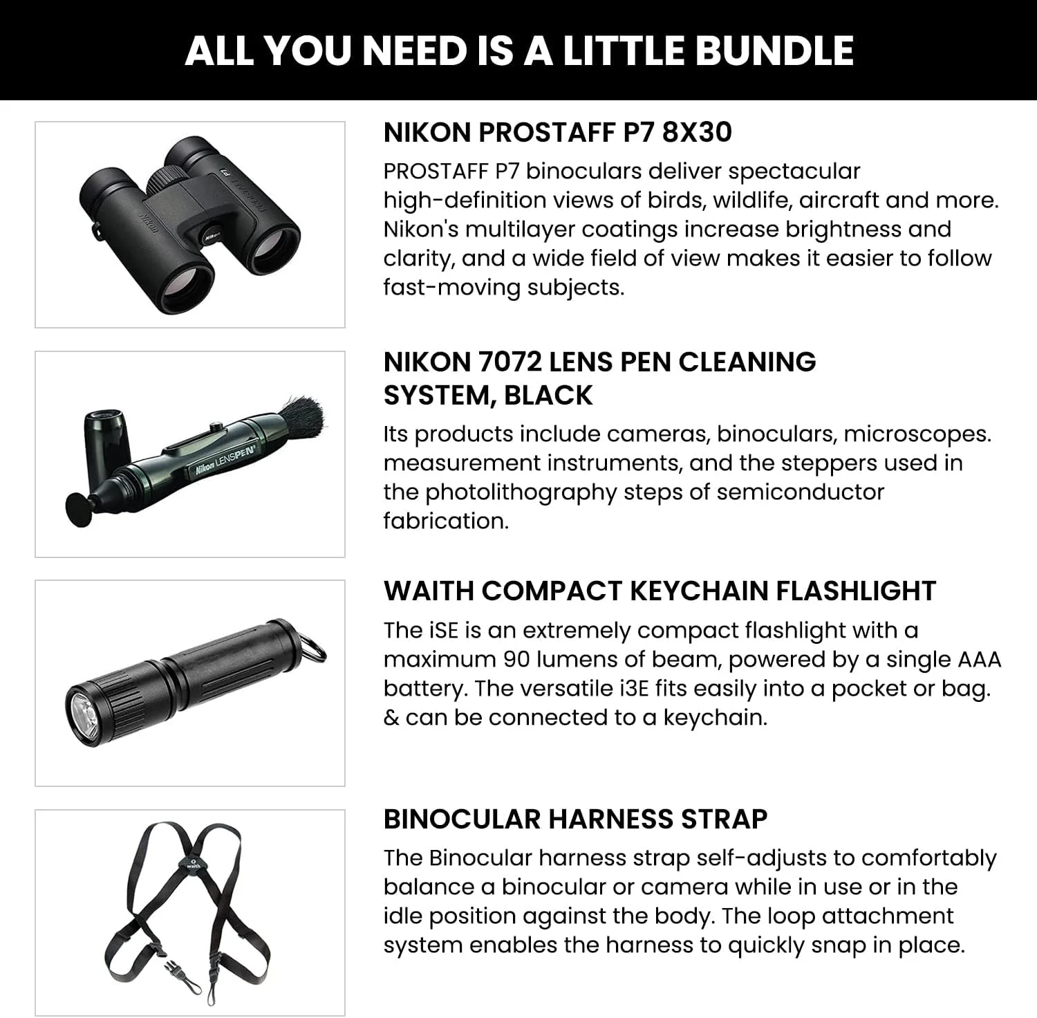 دوربین دوچشمی ضدآب نیکون PROSTAFF P7 8x30 برای بزرگسالان | دوربین دوچشمی مسافرتی کوچک و جمع و جور برای تماشای پرندگان | بند هارنس دوربین دوچشمی، سیستم تمیز کننده قلم لنز و مجموعه چراغ قوه