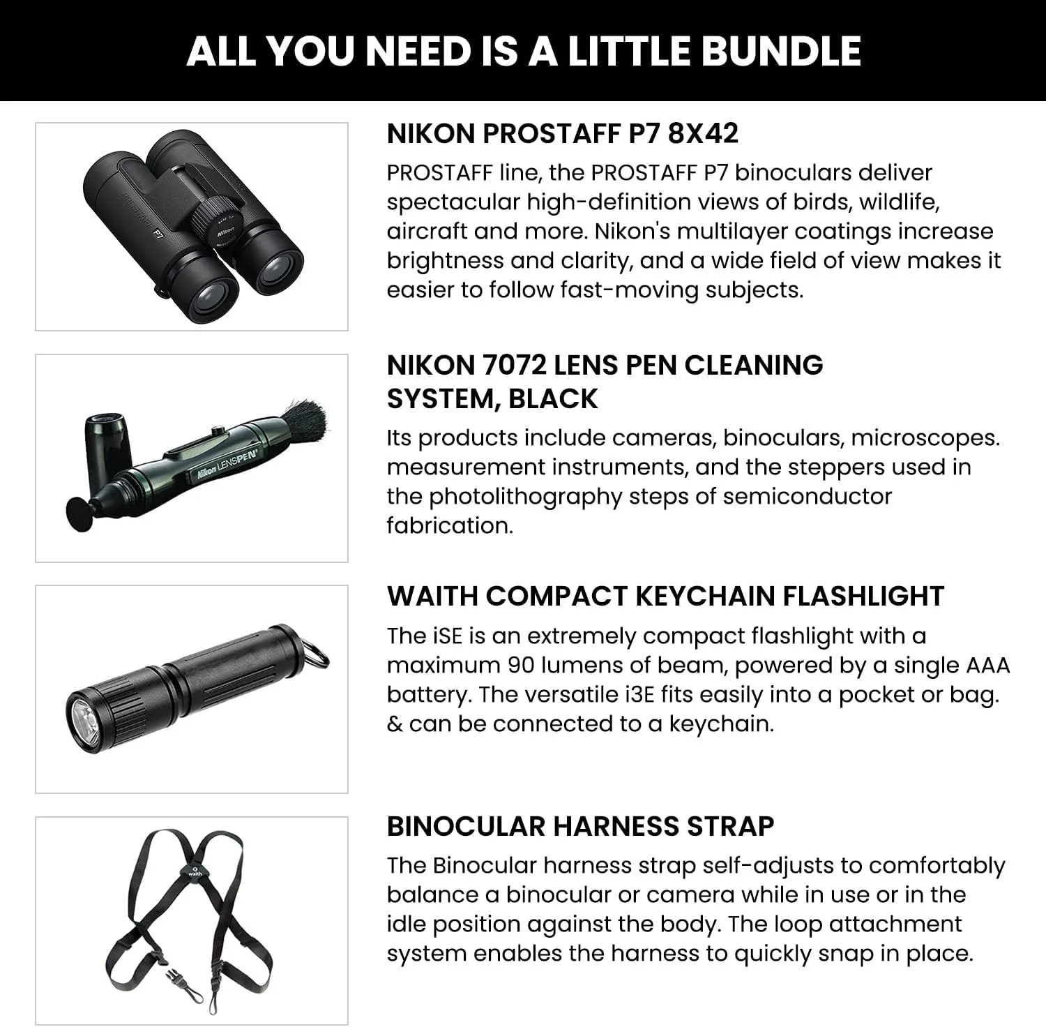 دوربین دوچشمی ضدآب نیکون PROSTAFF P7 8x42 برای بزرگسالان | دوربین دوچشمی مسافرتی کوچک و جمع و جور برای تماشای پرندگان | بند هارنس دوربین دوچشمی، سیستم تمیز کننده قلم لنز و مجموعه چراغ قوه