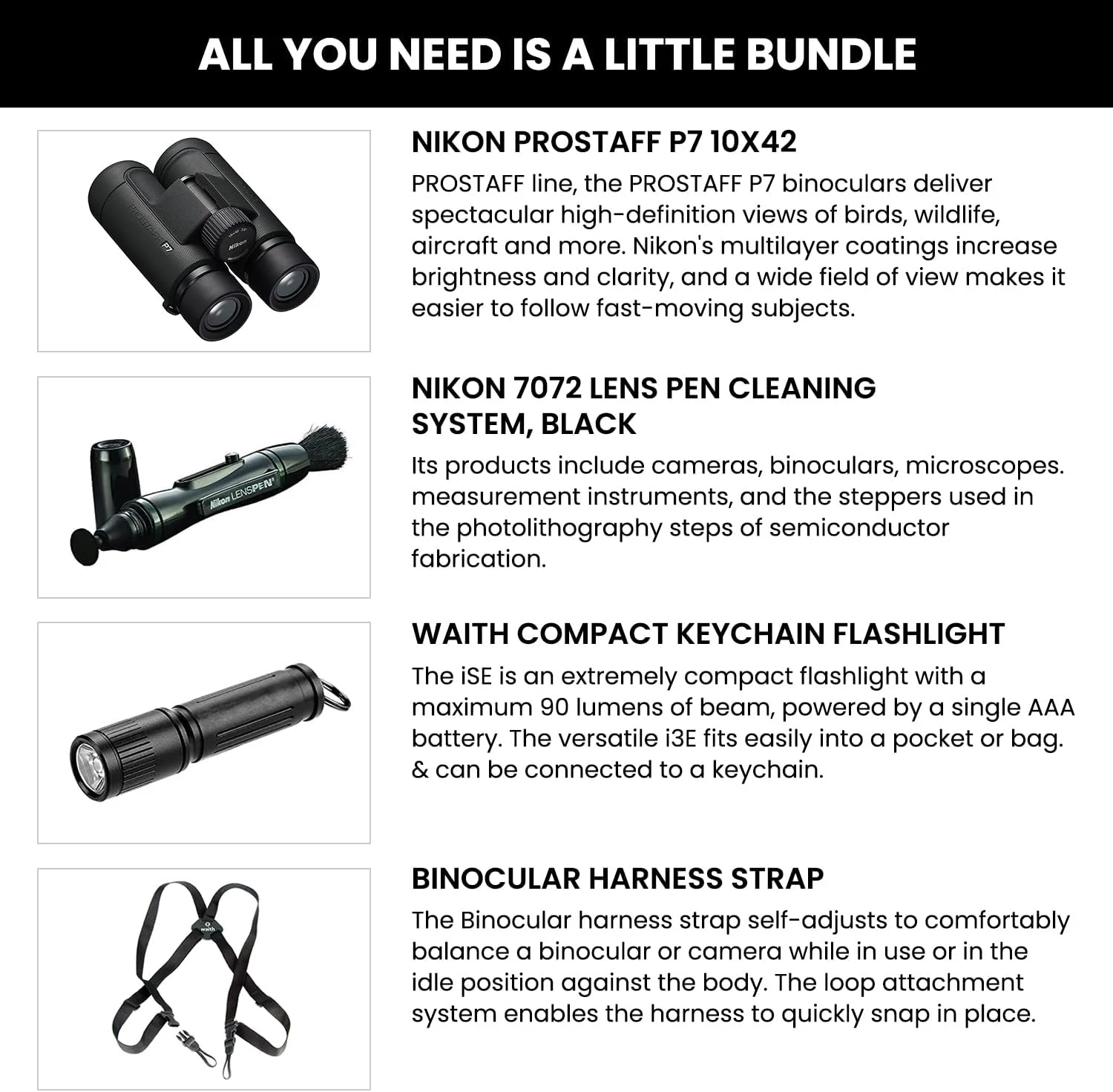 دوربین دوچشمی ضدآب نیکون PROSTAFF P7 10x42 برای بزرگسالان | دوربین دوچشمی مسافرتی کوچک و جمع و جور برای تماشای پرندگان | بند هارنس دوربین دوچشمی، سیستم تمیز کننده قلم لنز و مجموعه چراغ قوه