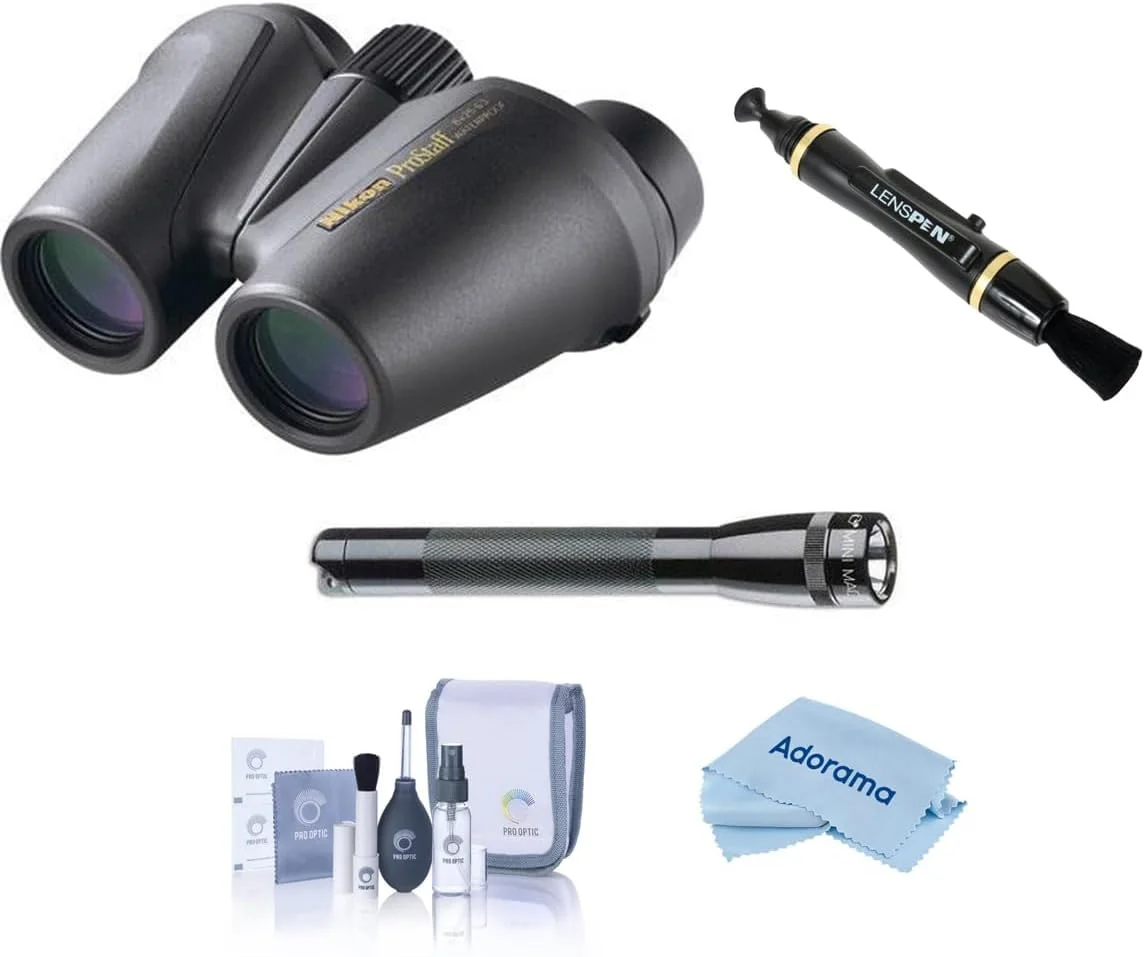 دوربین دوچشمی نیکون 8x25 ProStaff ATB ضد آب با منشور Porro، زاویه دید 6.3 درجه، مشکی، به همراه چراغ قوه LED Pelican 2360، کیت تمیز کننده و تمیز کننده لنز