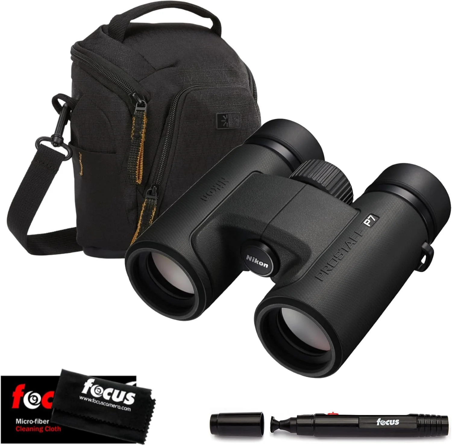 دوربین دوچشمی نیکون Prostaff P7 8X42 به همراه کیف شانه ای دوربین DSLR و بدون آینه (مشکی)، قلم تمیز کننده لنز فوکوس و پارچه تمیز کننده میکروفیبر فوکوس (4 تکه)