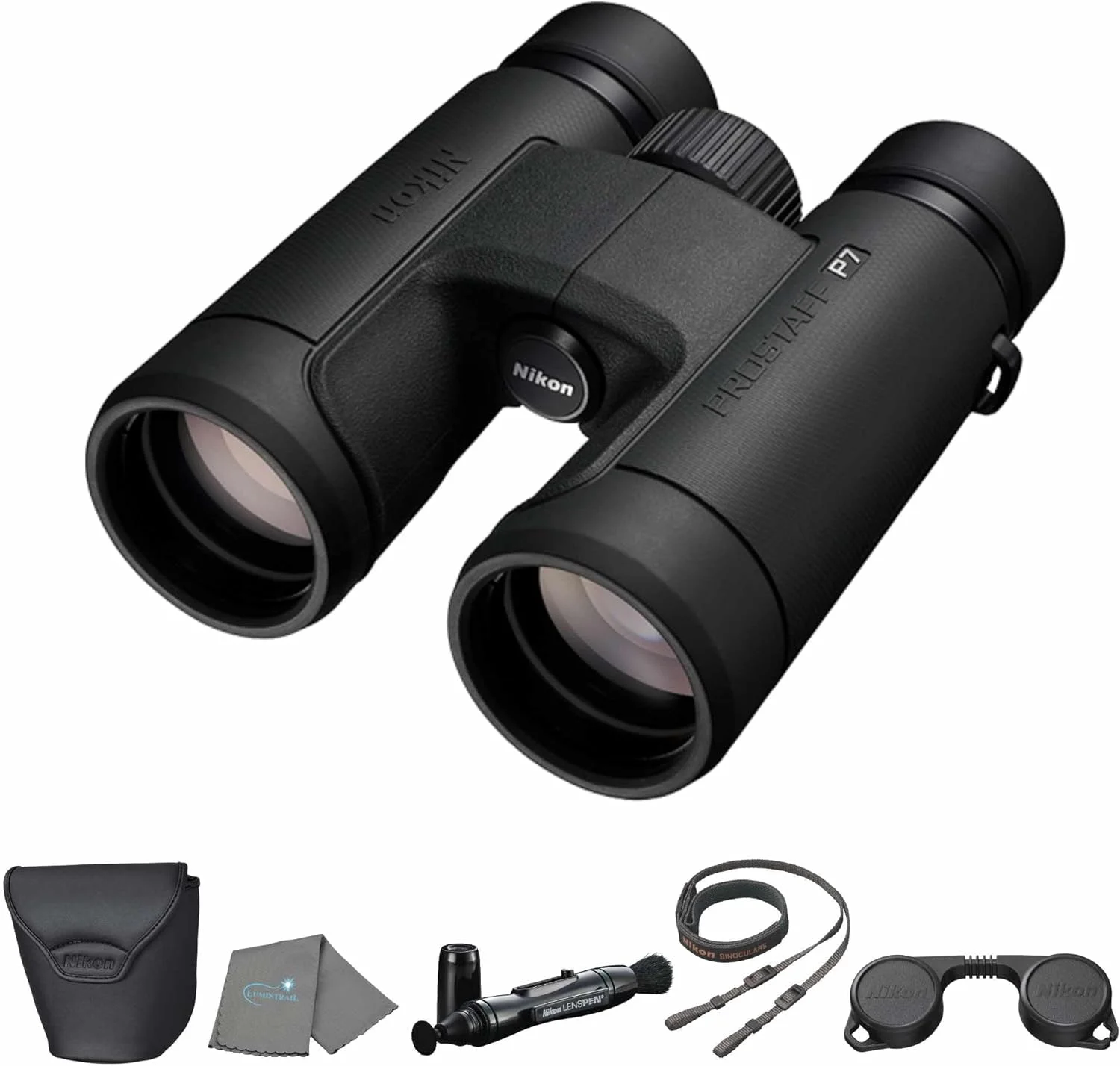 دوربین دوچشمی نیکون PROSTAFF P7 10x42 (16773) مشکی به همراه قلم تمیز کننده لنز و پارچه تمیز کننده، دوربین دوچشمی فشرده برای بزرگسالان برای شکار، تماشای پرندگان و لوازم ضروری پیاده روی، زوم