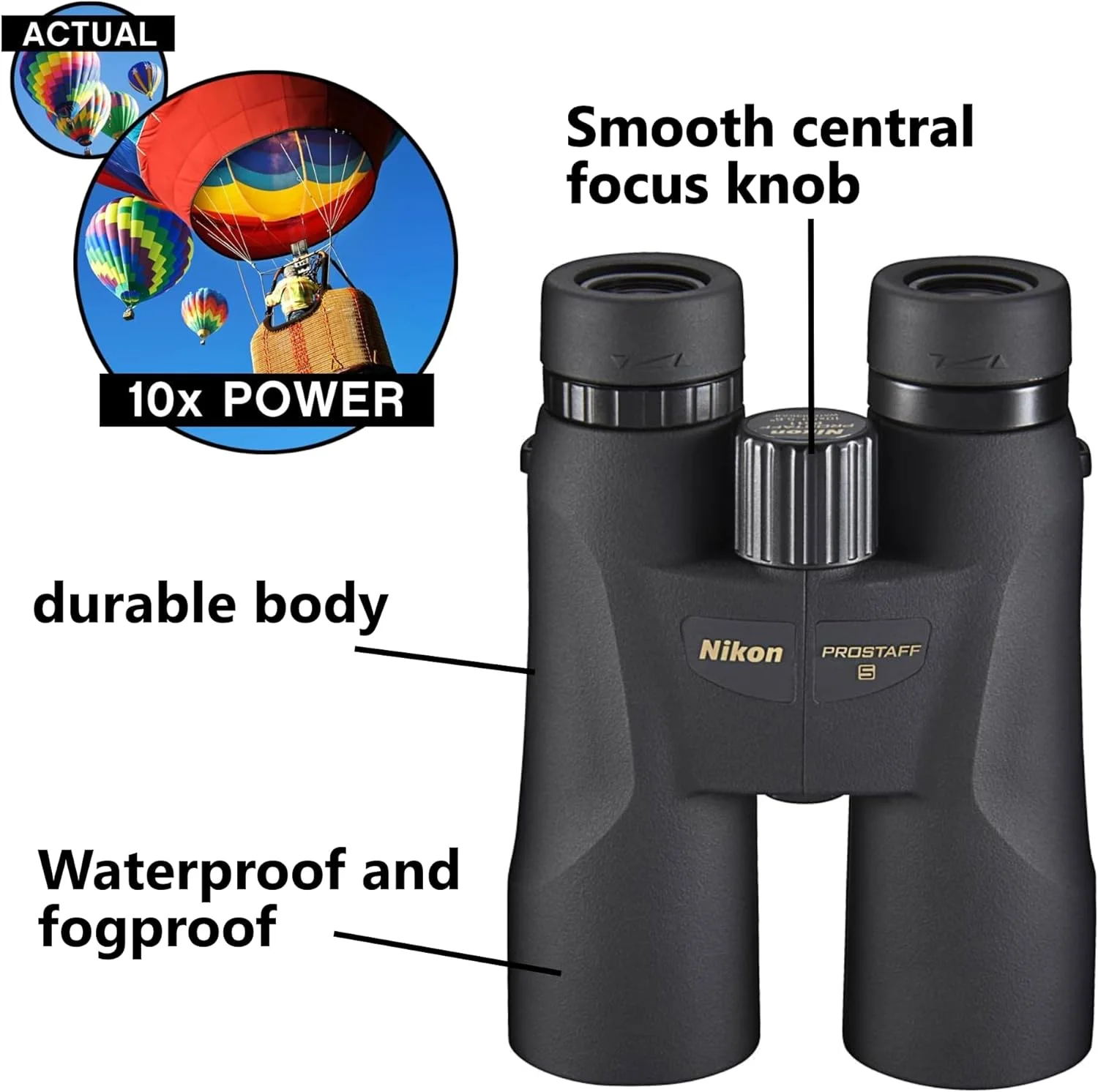 دوربین دوچشمی نیکون PROSTAFF 5 10x50 (7572) مشکی همراه با قلم لنز و پارچه تمیز کننده، دوربین دوچشمی جمع و جور برای بزرگسالان برای شکار، تماشای پرندگان و ملزومات پیاده روی، زوم، مسافرت